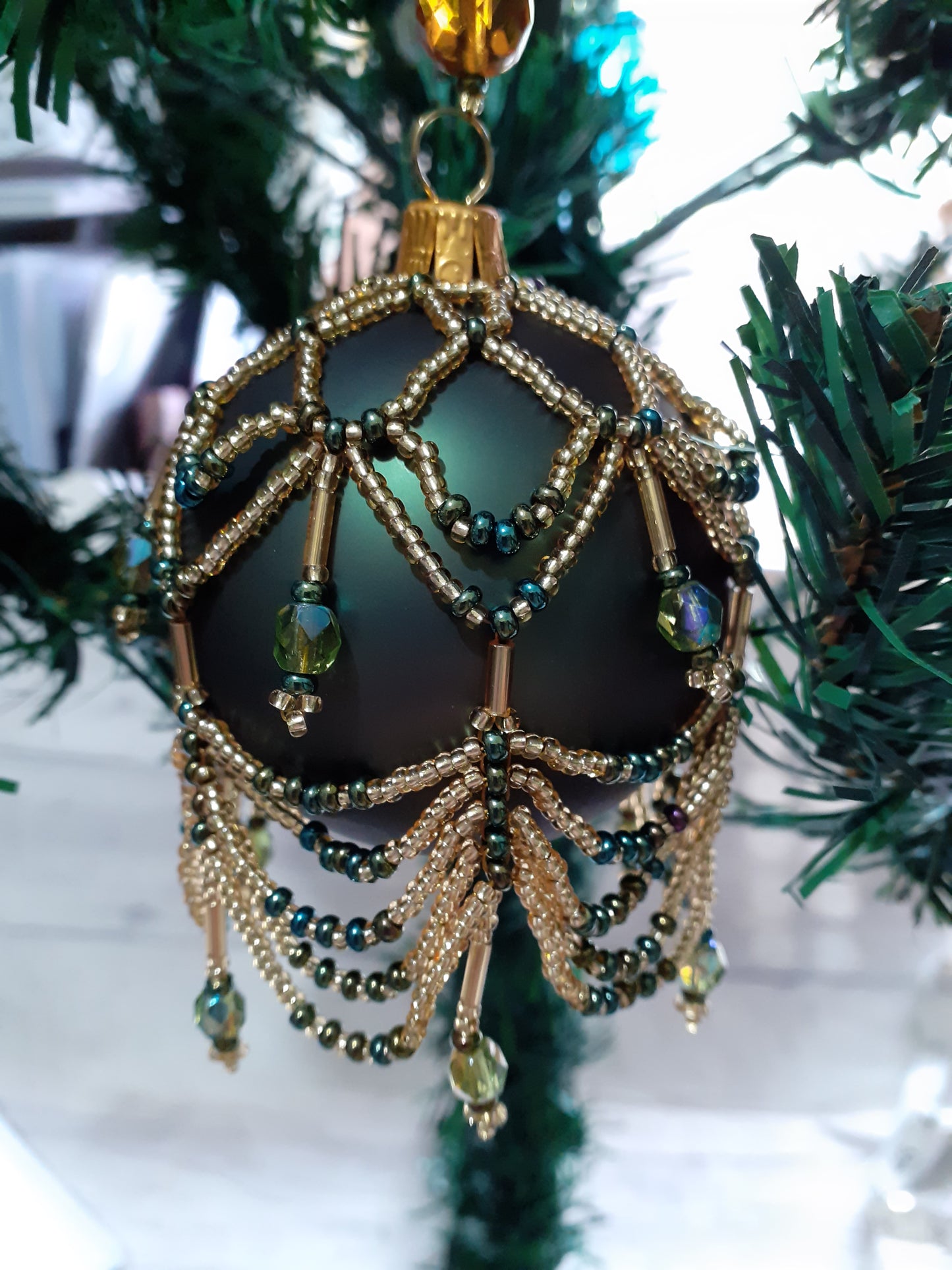 Green and Gold beaded bauble