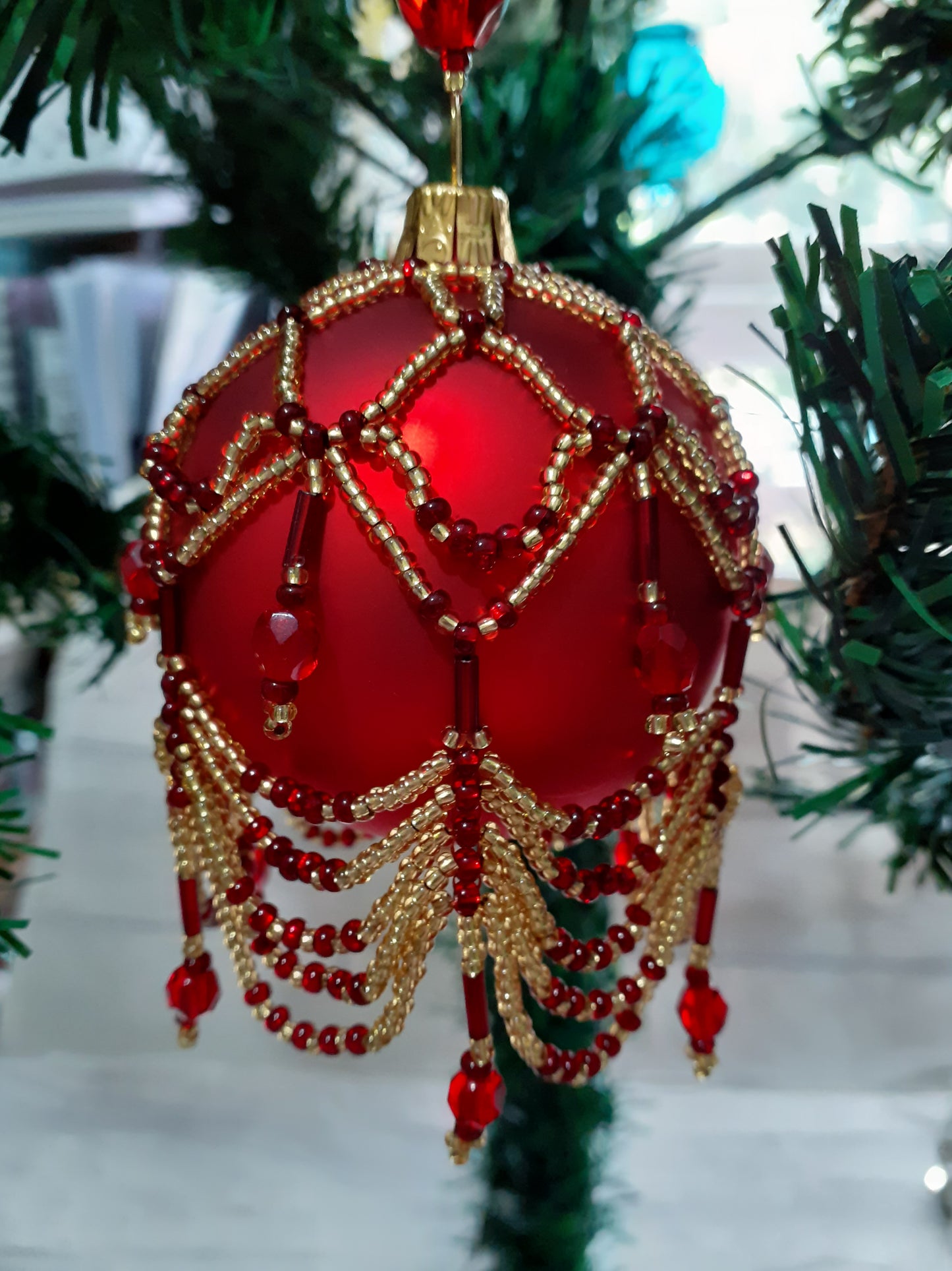 Red and Gold Beaded Bauble