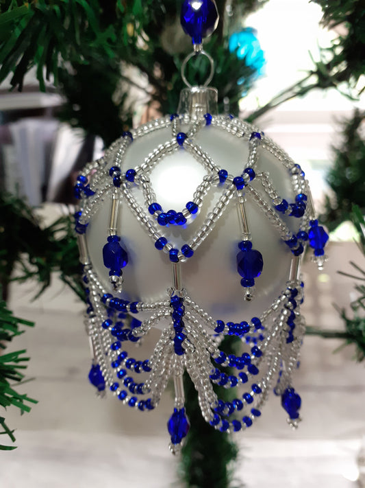 White and Dark Blue Beaded Bauble