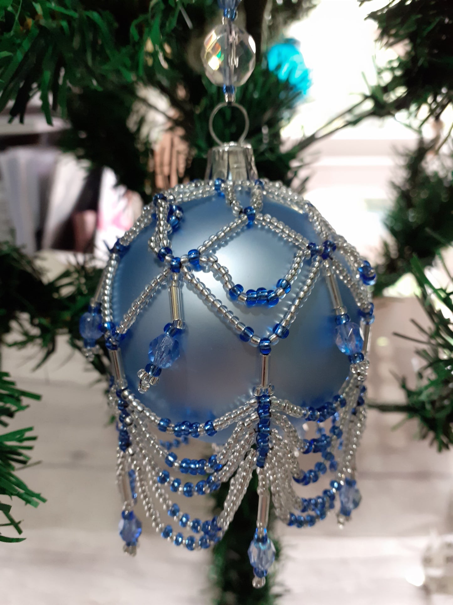 White and Light Blue Beaded Bauble